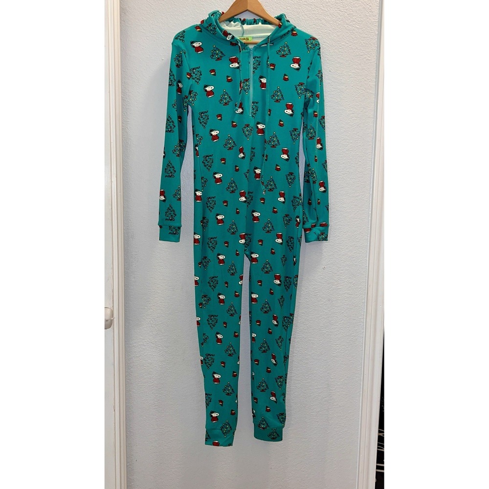 Peanuts Snoopy Christmas Tree PJ Jumpsuit One Piece Green Hooded Union Suit M